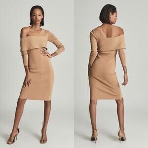 Reiss Ella Asymmetric Bodycon Dress Camel XL NWT